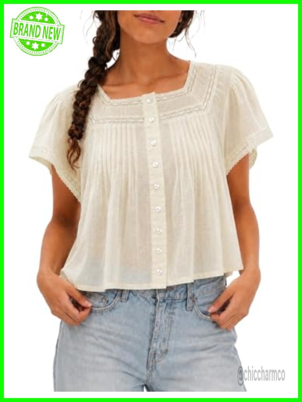 100% Cotton Lace Babydoll Top Button Down Flutter Sleeve Square Neck Blouse